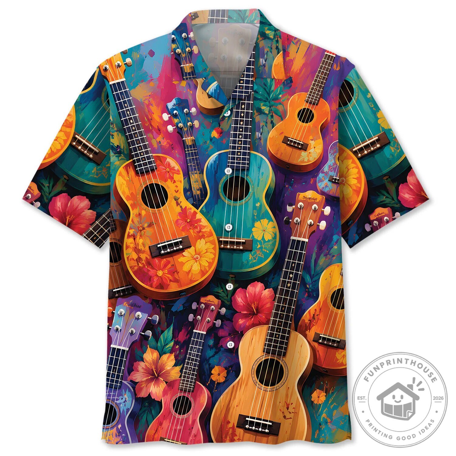 Colorful Ukulele Vintage Art Floral Pattern Hawaiian Shirt