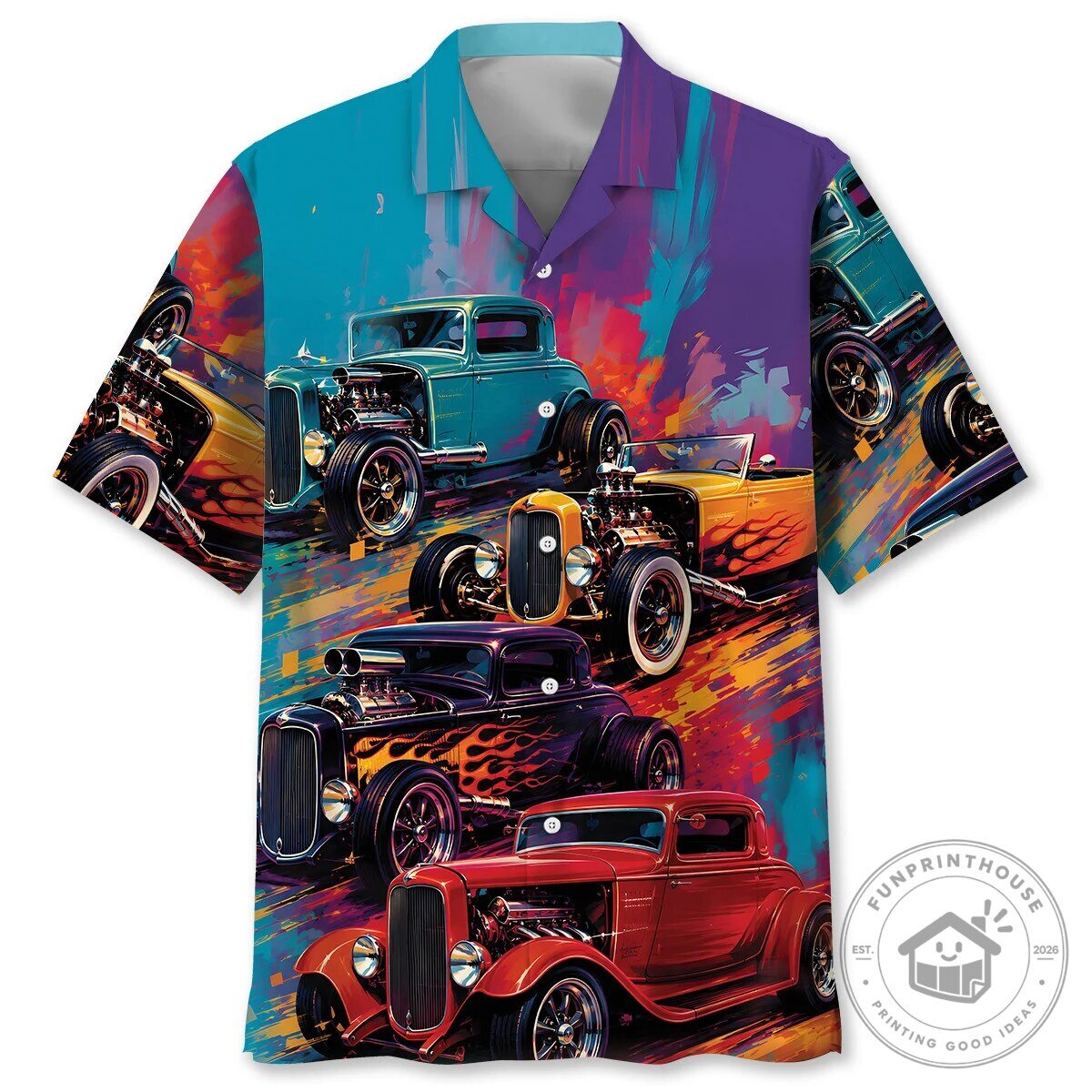Vintage Hot Rod Cars Colorful Hawaiian Shirt for Men