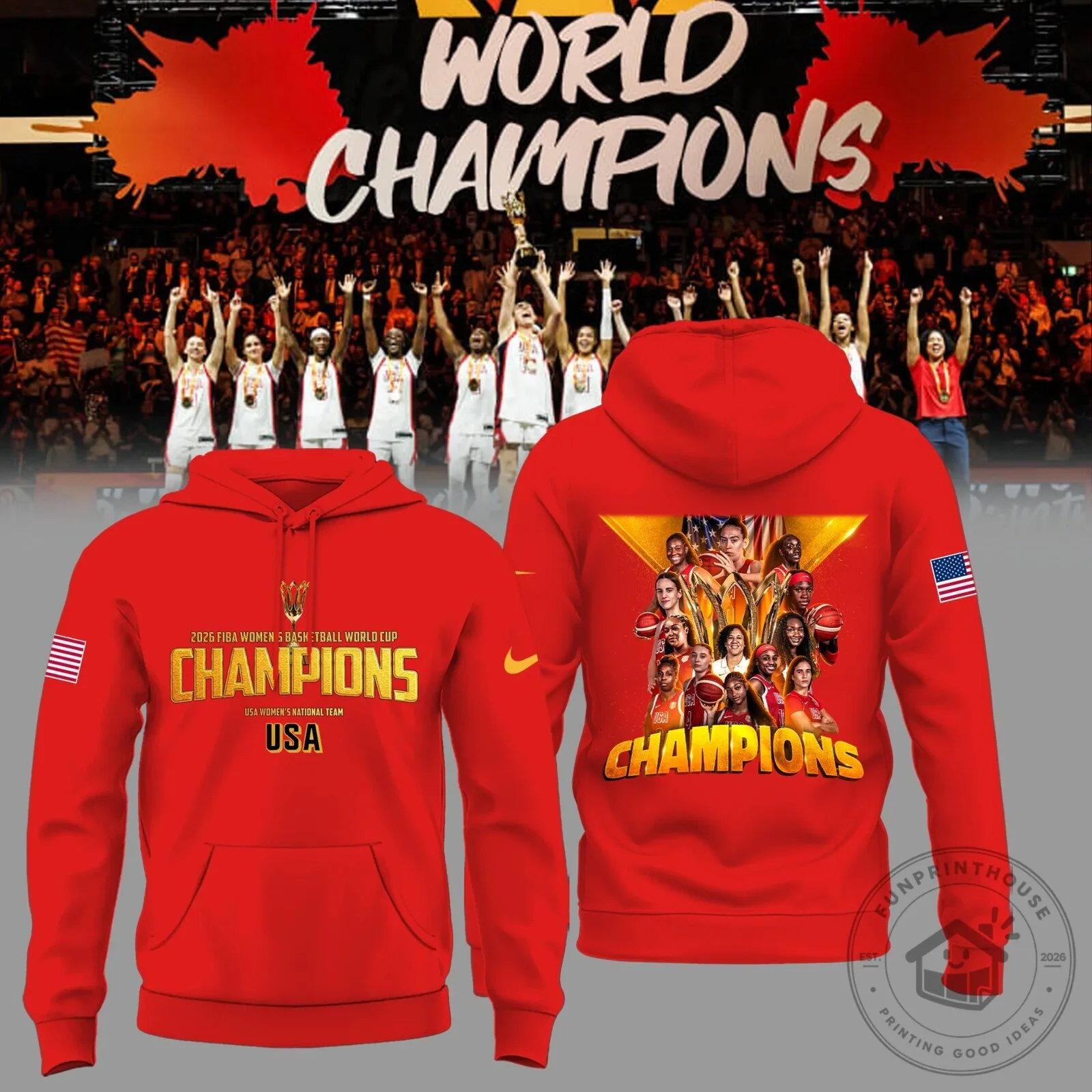 2026 FIBA World Cup Champions Red Hoodie for USA Women's Basketball Fans