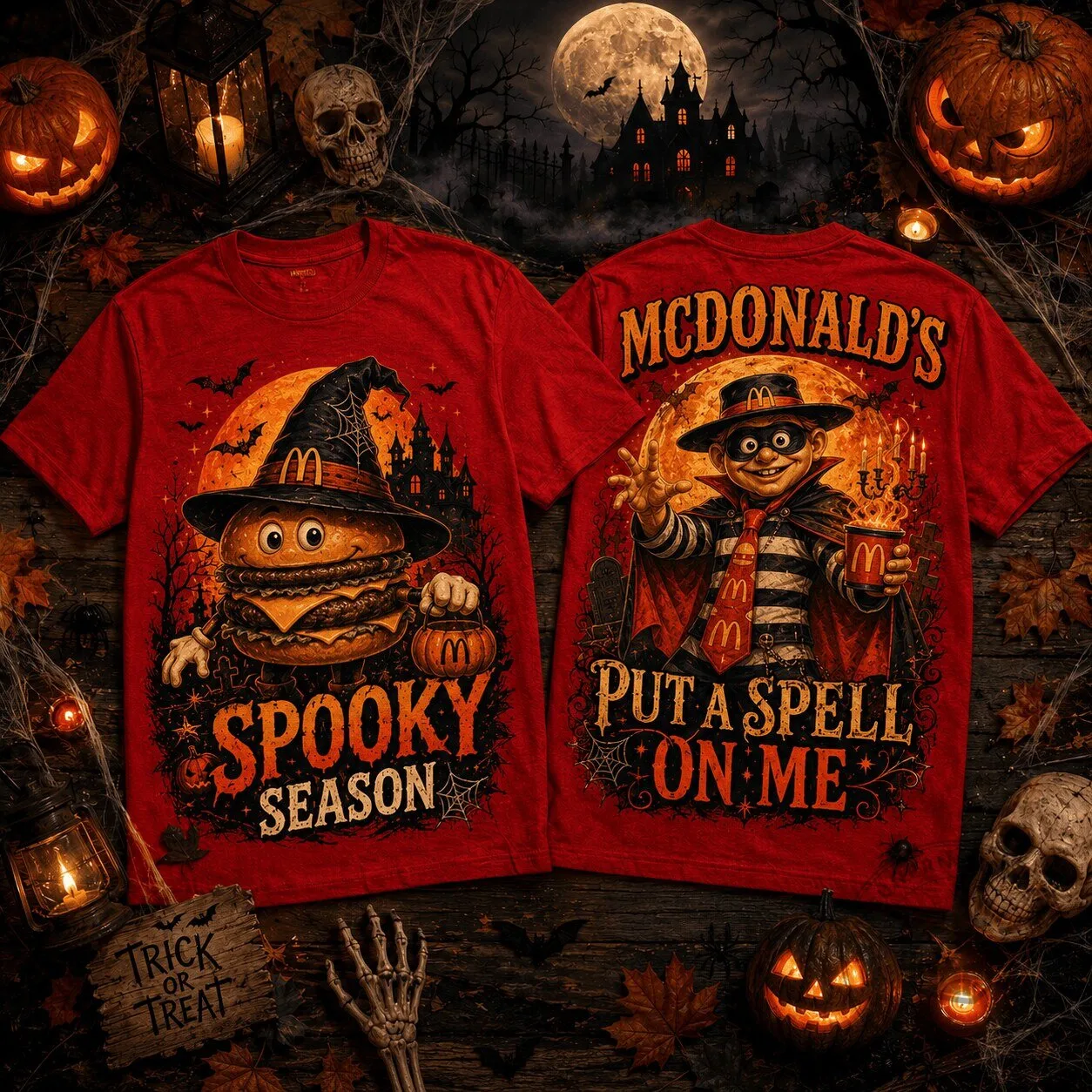 McDonald's Halloween Spooky Season Shirt with Witch Hat Burger and Hamburglar