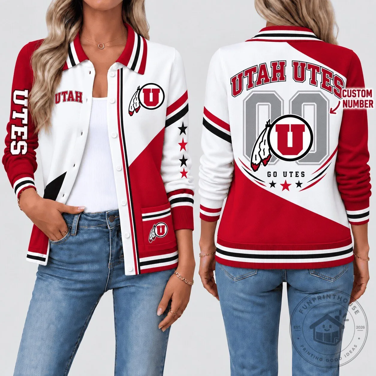 Red and White Varsity Jacket for Women with Custom Number - Utah Utes