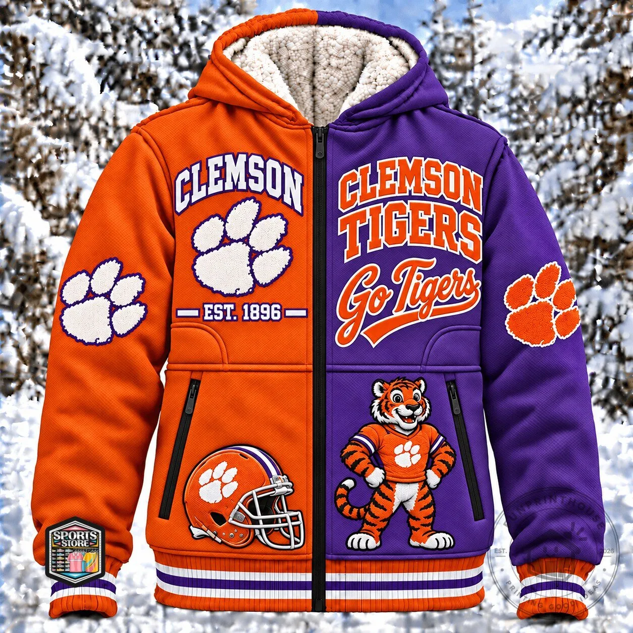 Clemson Tigers NCAA Football Team Orange Purple Sherpa Lined Hoodie
