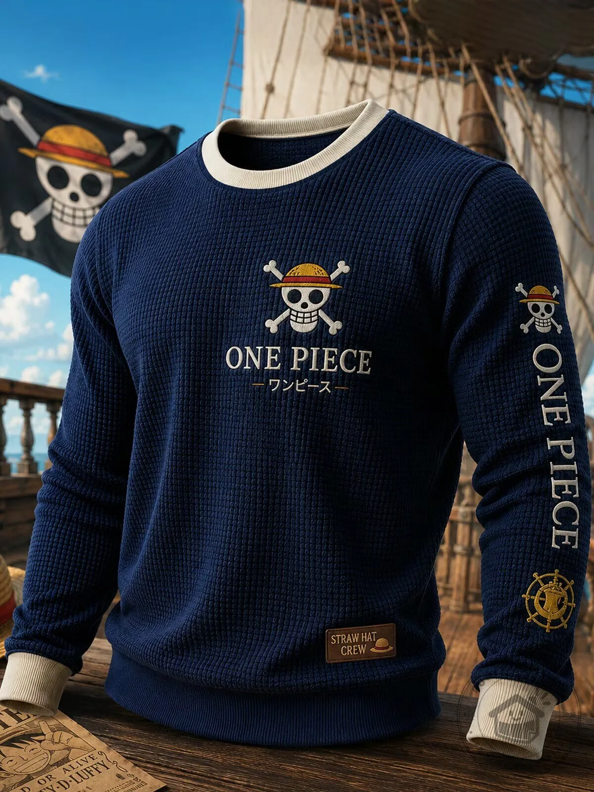 One Piece Anime Straw Hat Crew Embroidered Waffle Knit Crewneck Sweatshirt