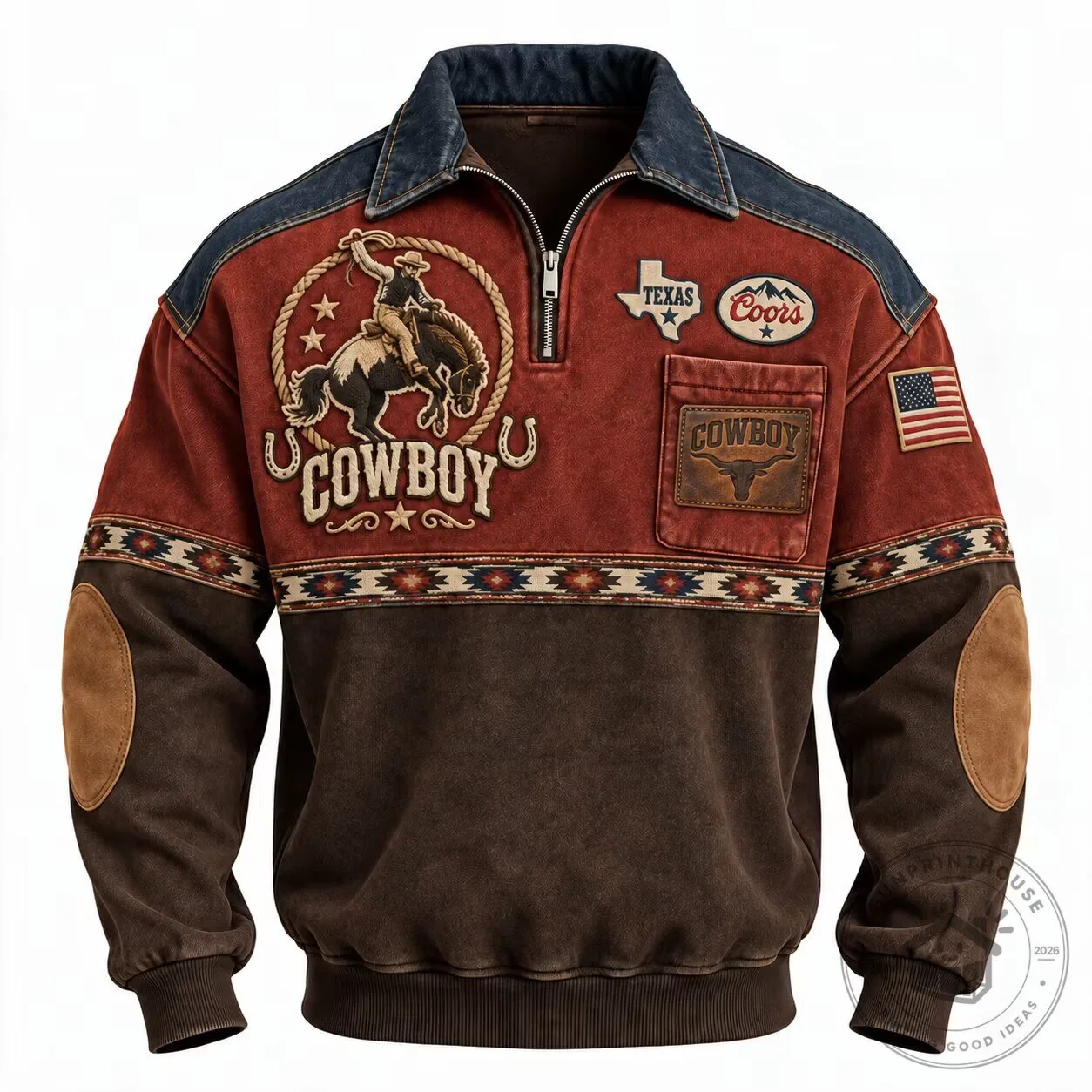 Western Cowboy Rodeo Half-Zip Denim Collar Long-Sleeve Sweatshirt