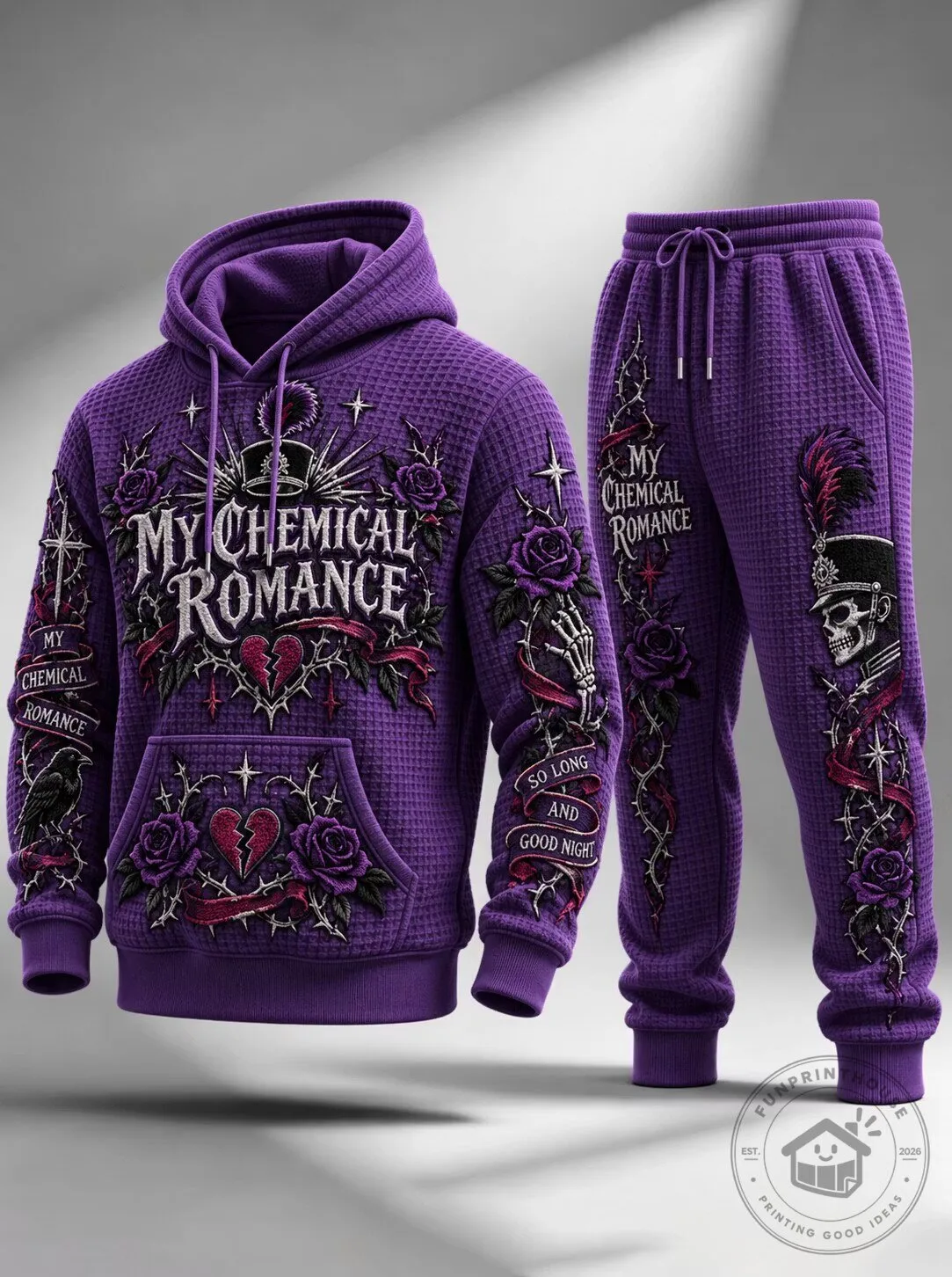 My Chemical Romance So Long And Good Night Purple Embroidered Hoodie And Pants Set