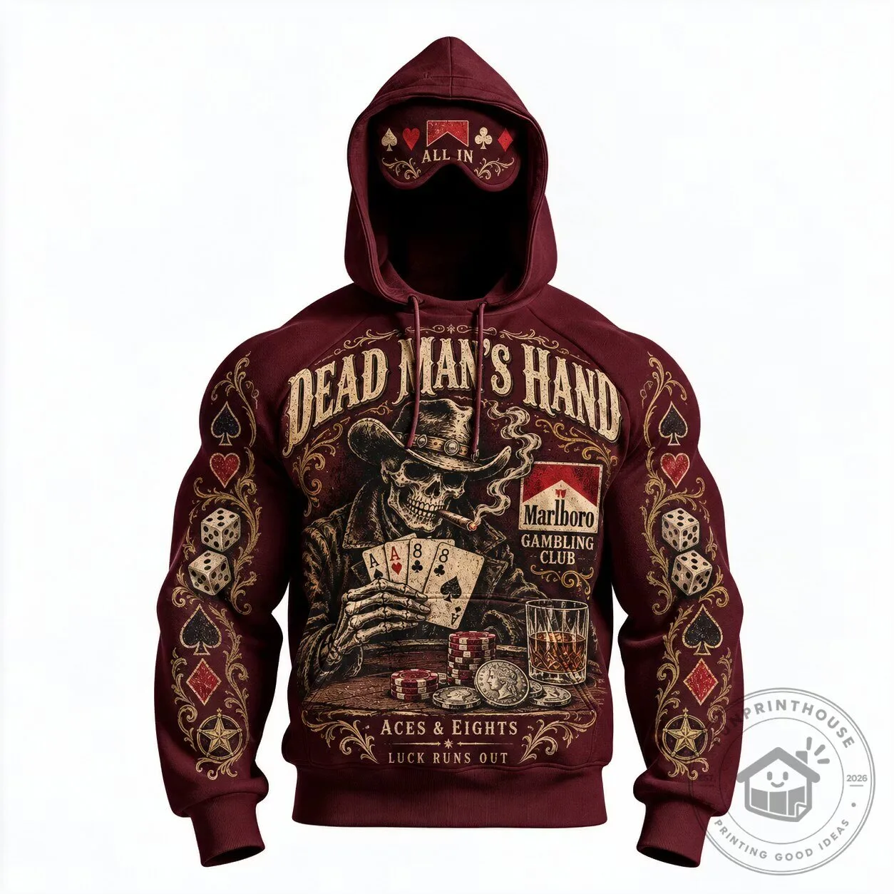 Dead Man's Hand Poker Skeleton Marlboro Gambling Club Hoodie
