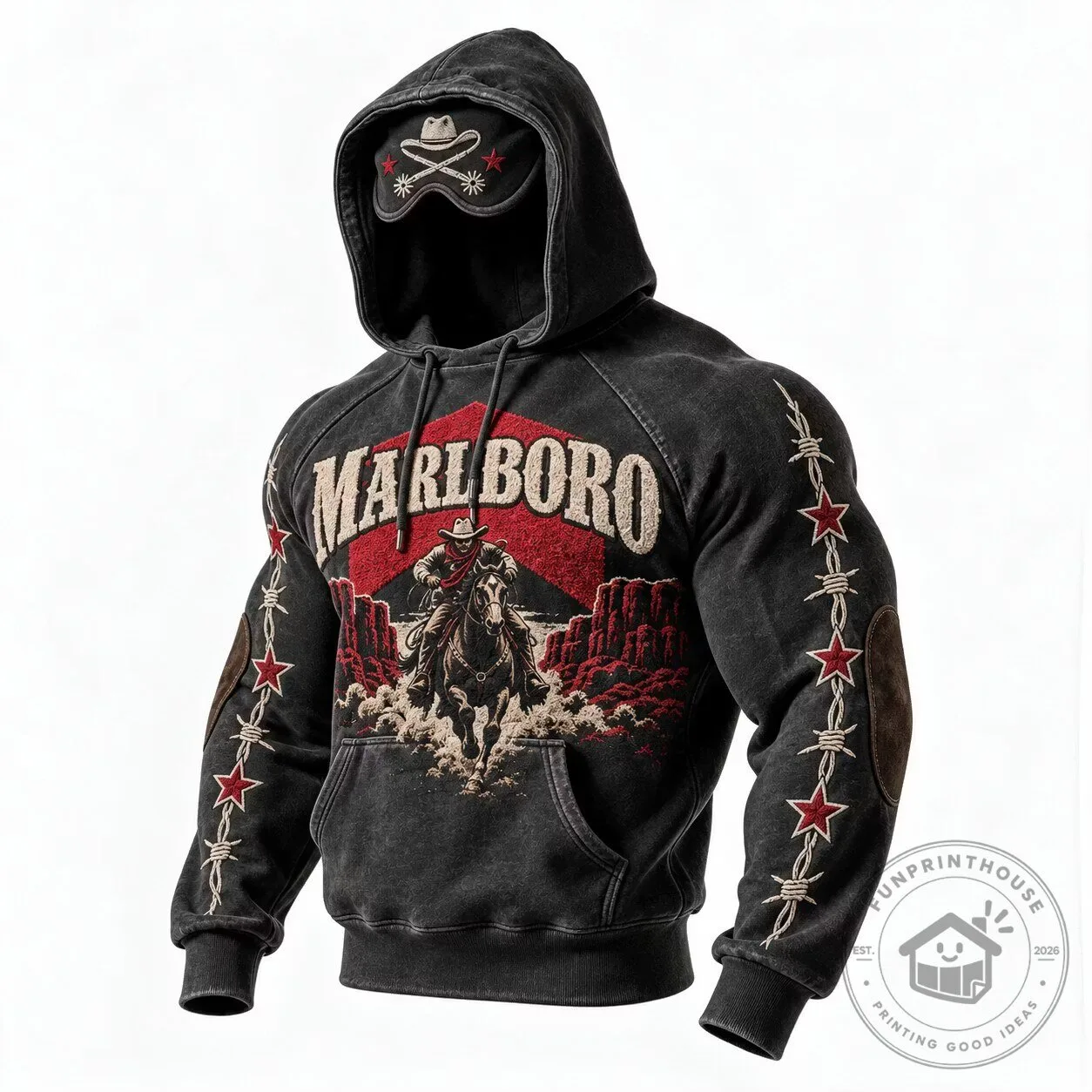Marlboro Western Cowboy Riding Horse Barbed Wire Stars Graphic Hoodie