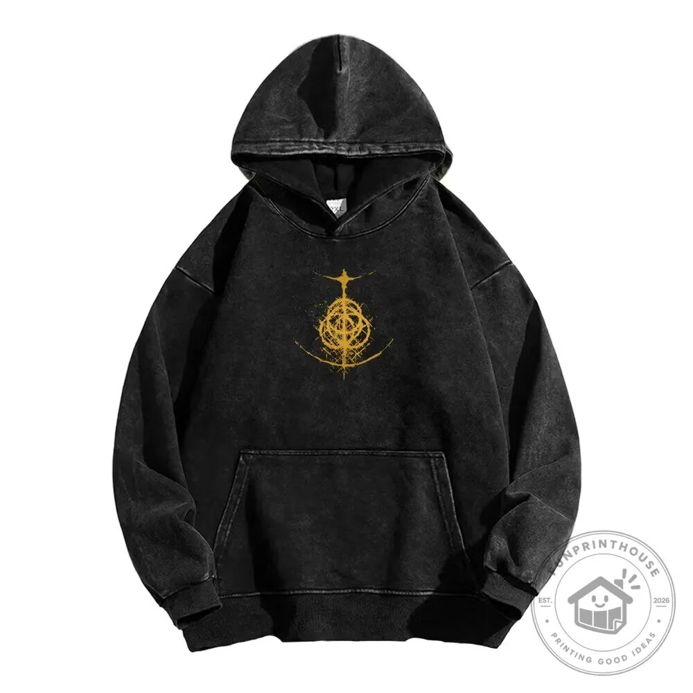 Elden Ring Golden Order Symbol Washed Black Casual Hoodie
