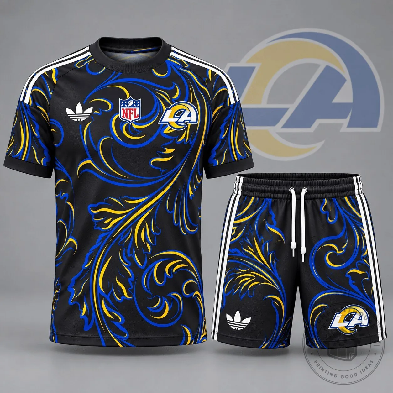 Los Angeles Rams NFL Heritage Swirl All Over Print Football Jersey and Shorts Set