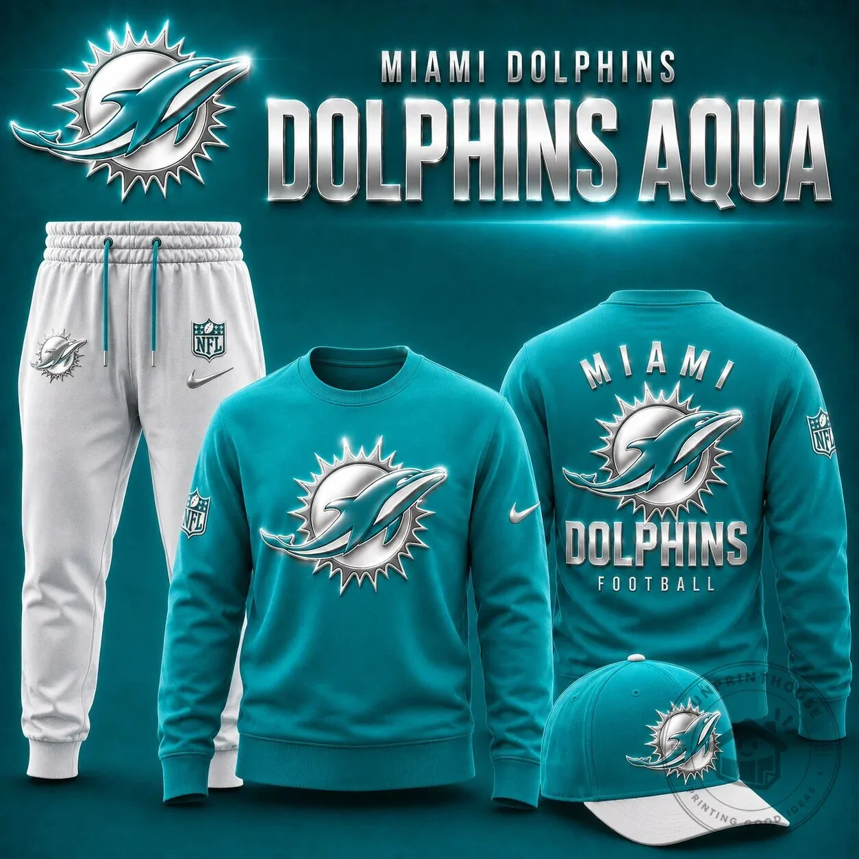 Miami Dolphins Aqua Football Team Logo Crewneck Sweatshirt