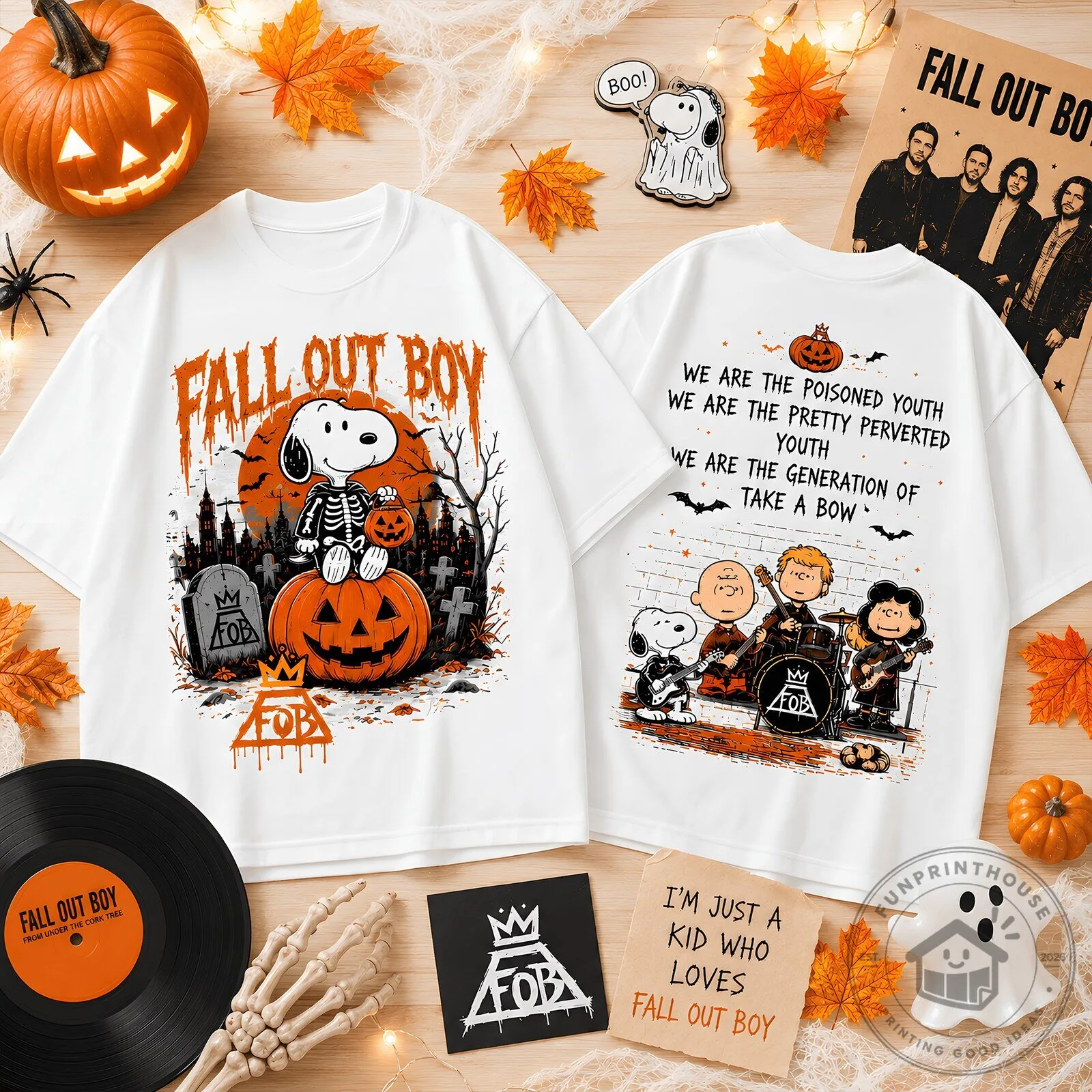 Fall Out Boy Snoopy Halloween Pumpkin Shirt, Rock Band Skeleton T-Shirt