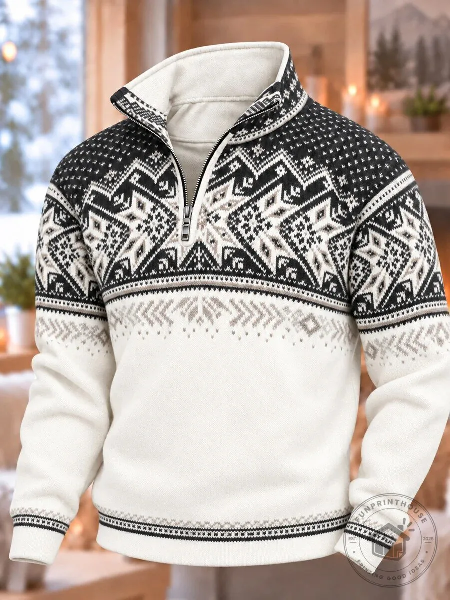 Nordic Snowflake Pattern Half-Zip Pullover Sweater for Men
