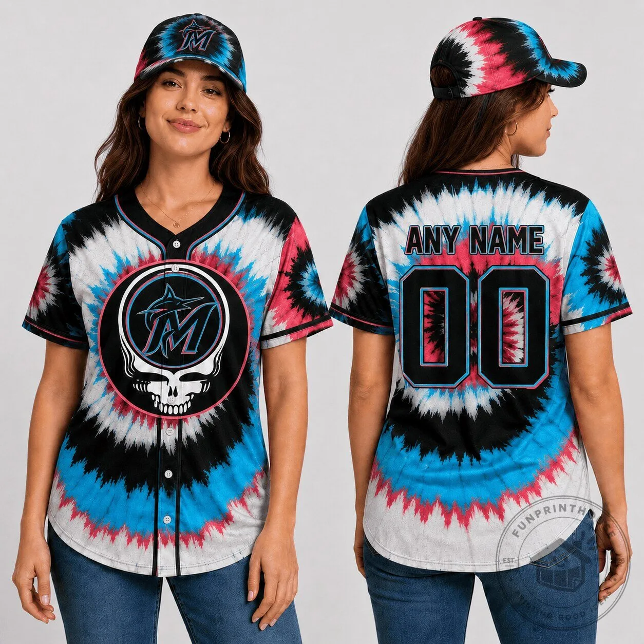 Miami Marlins Baseball Tie-Dye Skull Custom Name and Number Baseball Jersey