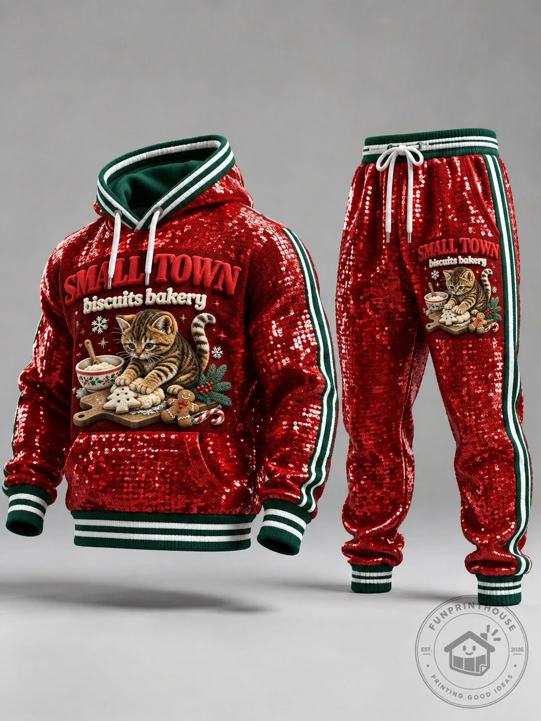 Small Town Biscuits Bakery Christmas Kitten Red Sequin Hoodie and Pants Set