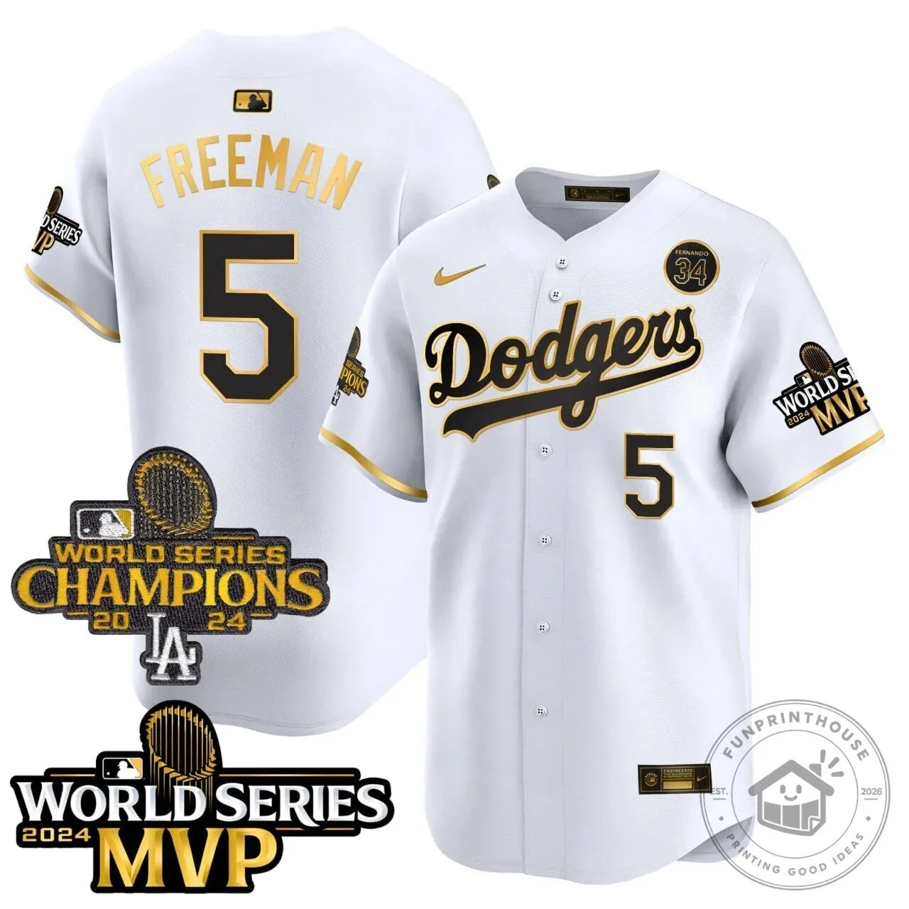Los Angeles Dodgers White Gold Baseball Jersey for World Series Champion Freddie Freeman
