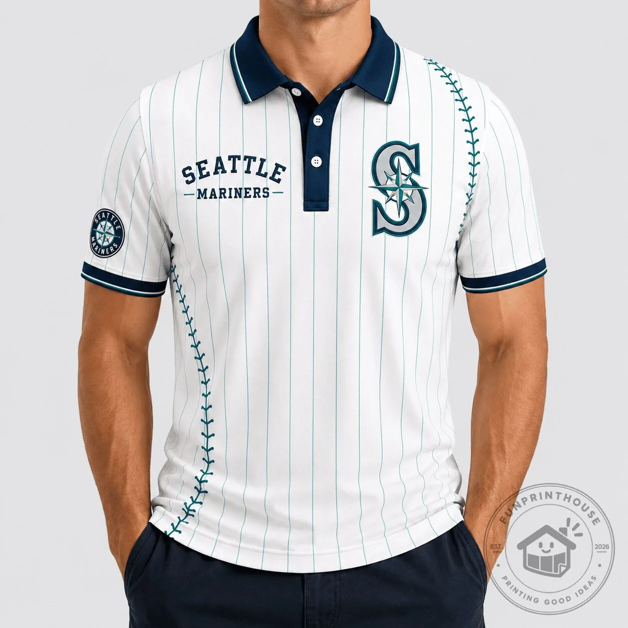 Seattle Mariners Baseball Team Pinstripe Polo Shirt