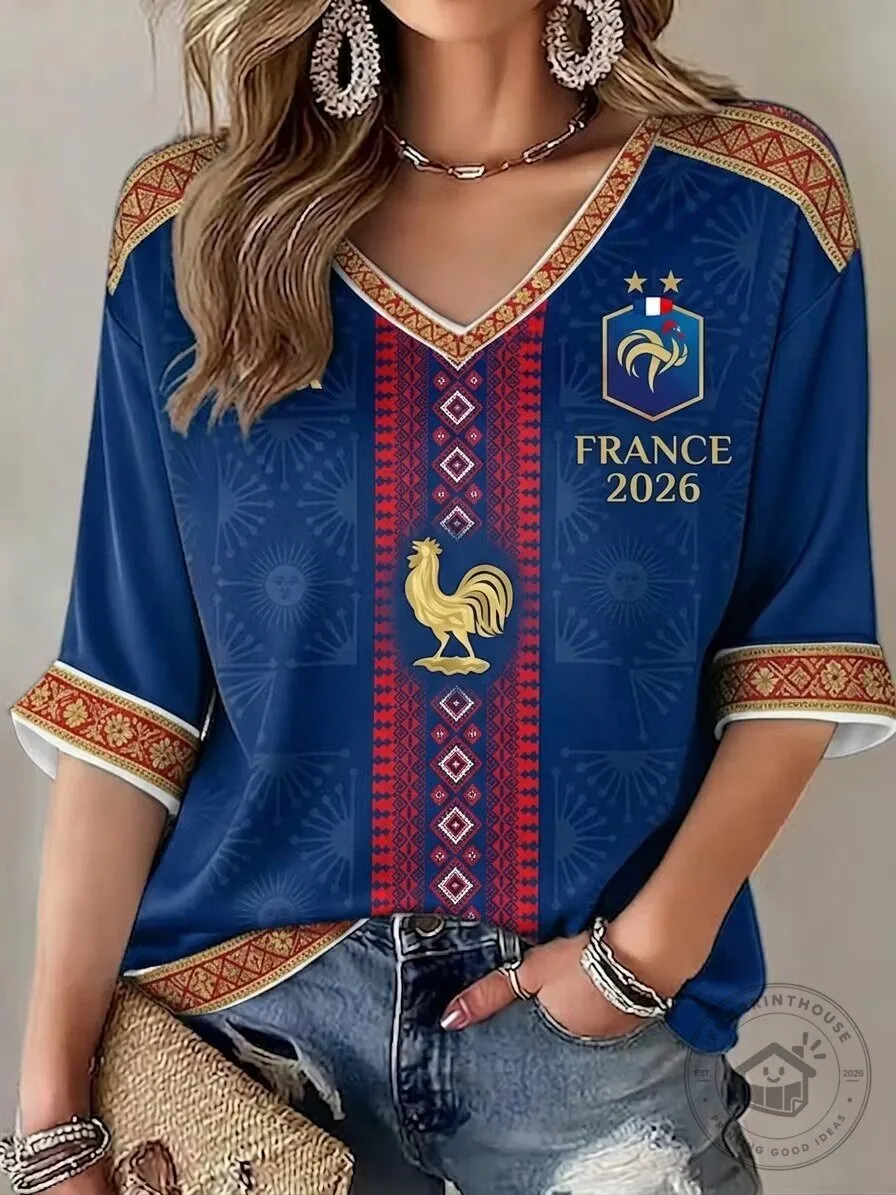 France Football 2026 Women's V-Neck Casual T-Shirt