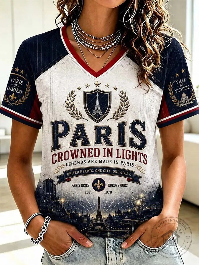 Paris France Football Inspired Women's V-Neck Short Sleeve T-Shirt