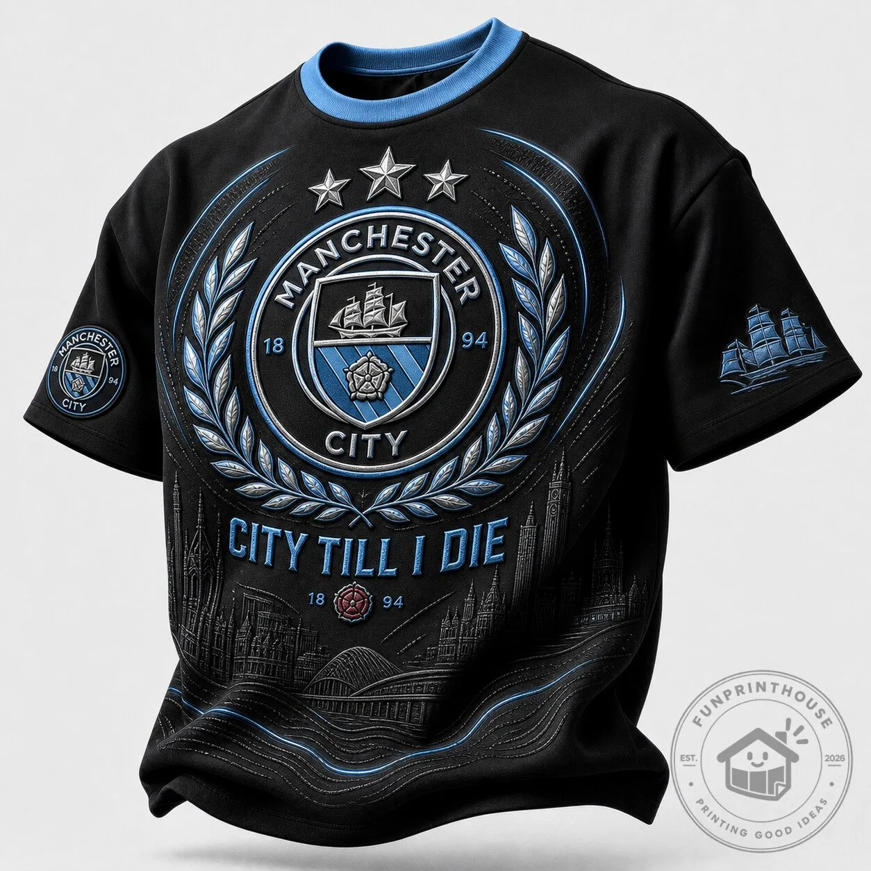 Manchester City Football Club Black and Blue Fan T-Shirt