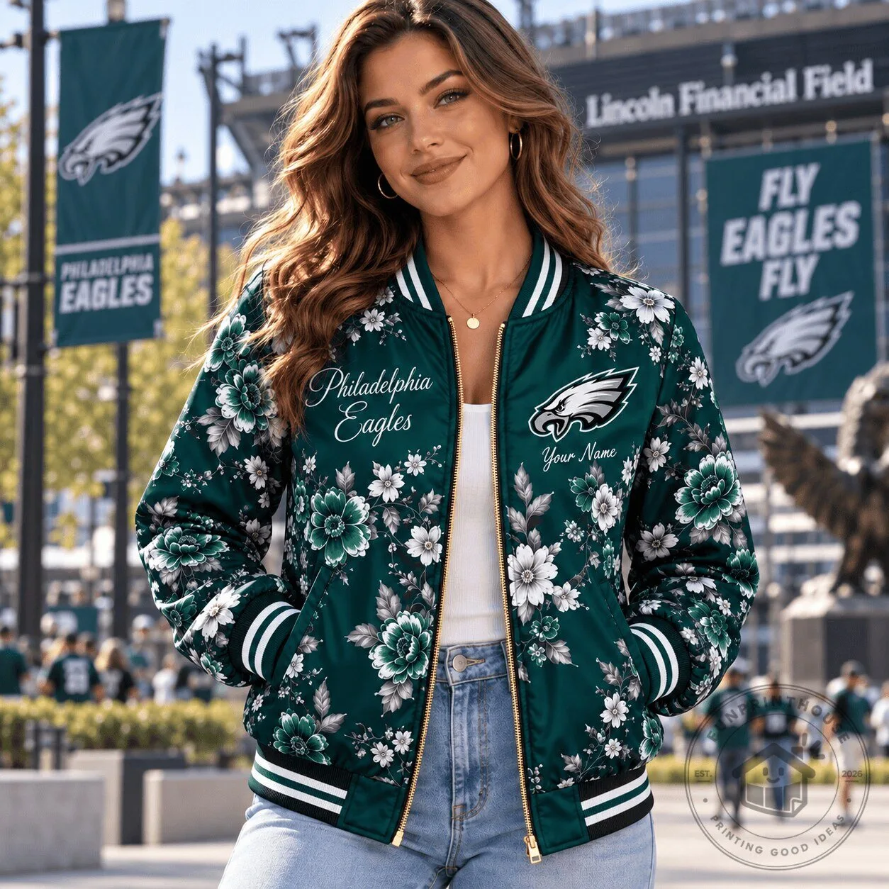 Philadelphia Eagles Fan Floral Bomber Jacket Custom Name