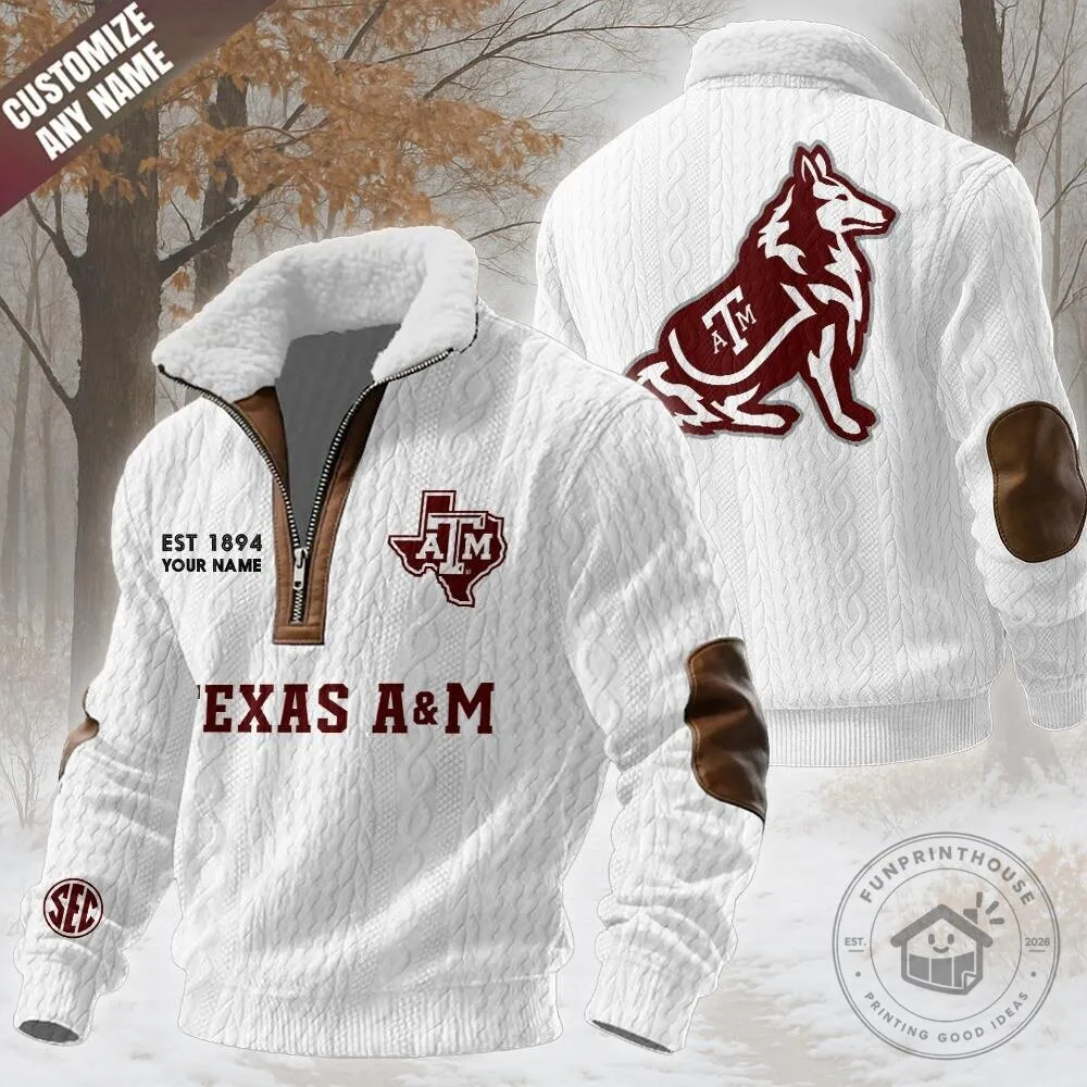 Texas A&M Aggies Custom Name White Cable Knit Quarter-Zip Fleece Sweatshirt