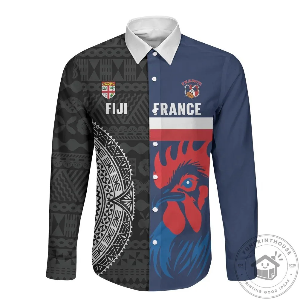 Fiji and France Rugby Long Sleeve Button Down Shirt Flying Fijian Les Bleus