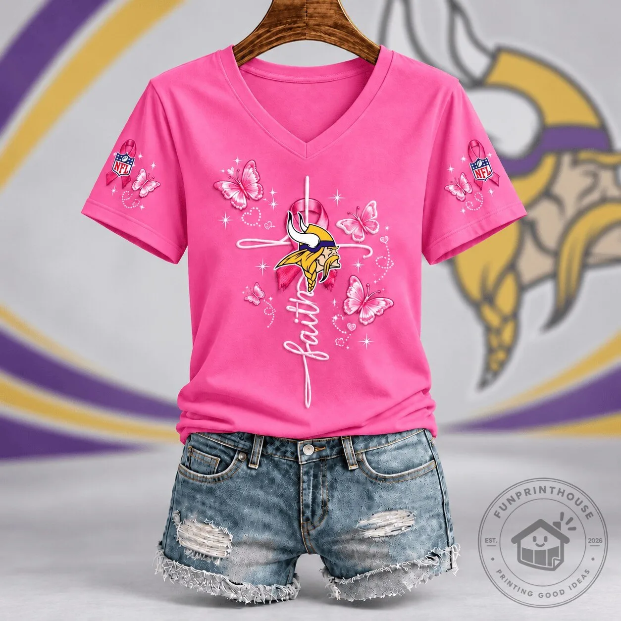 Minnesota Vikings Faith Hope Love Breast Cancer Awareness Pink V-Neck T-Shirt