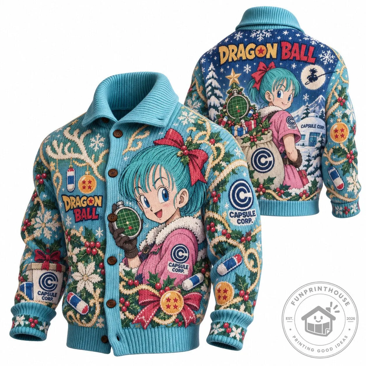 Dragon Ball Bulma Christmas Holiday Ugly Sweater Knit Cardigan