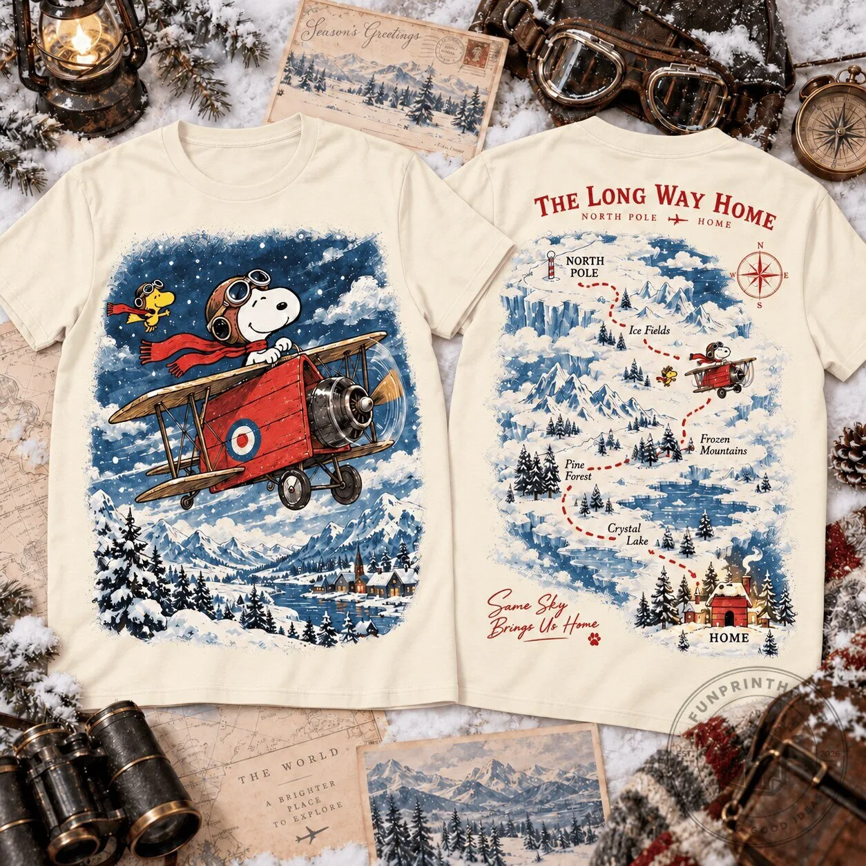 Snoopy Winter Aviation Adventure The Long Way Home Christmas T-Shirt