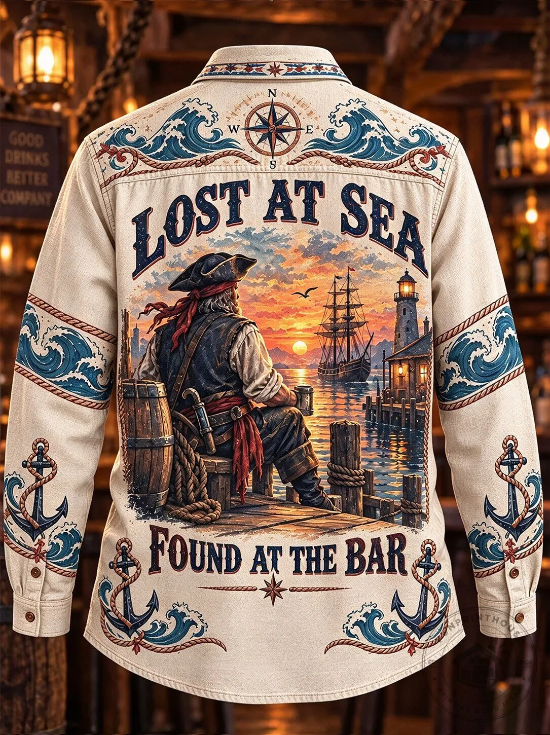 Lost At Sea Found At The Bar Pirate Graphic Button-Up Shirt