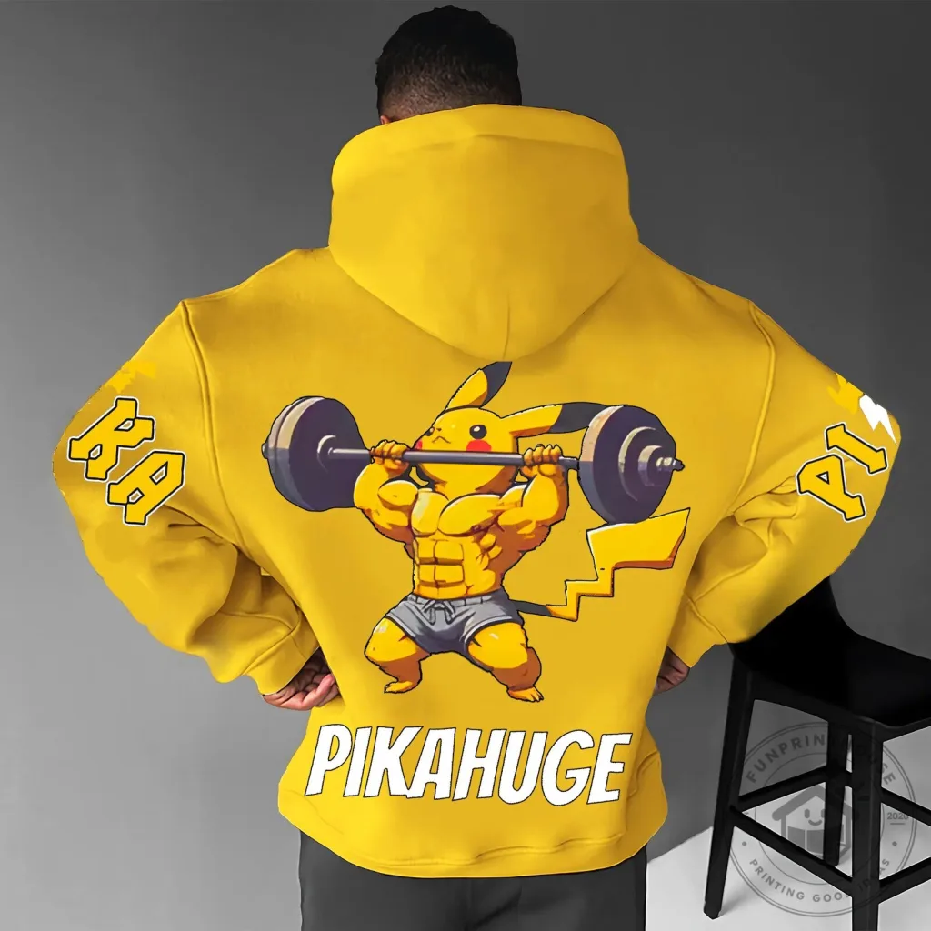 Pikachu Pikahuge Weightlifting Gym Workout Yellow Graphic Hoodie Pikachu Pikahuge Weightlifting Gym Workout Yellow Graphic Hoodie