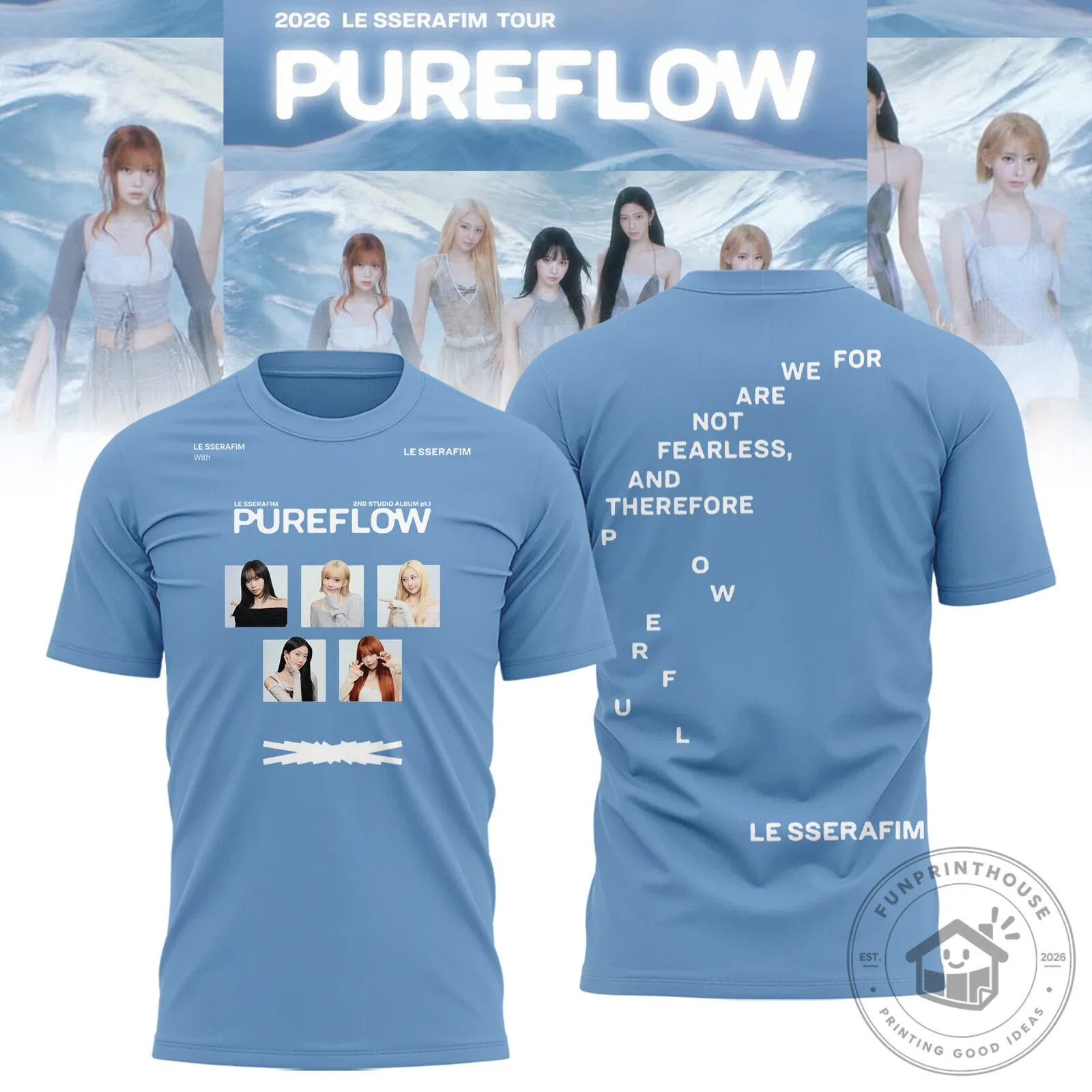 LE SSERAFIM Pureflow 2026 Tour K-Pop Group Light Blue T-Shirt