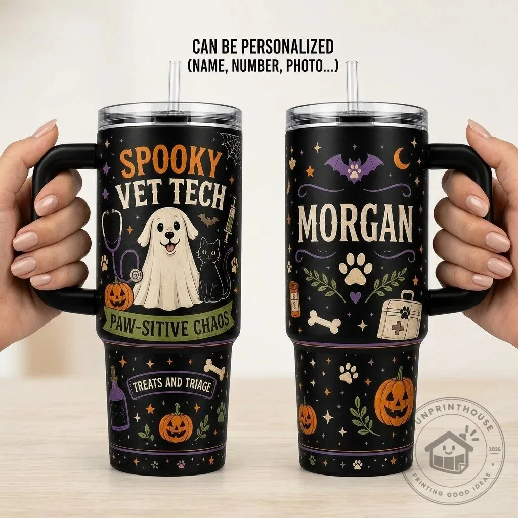 Spooky Vet Tech Paw-Sitive Chaos Halloween Tumbler with Handle
