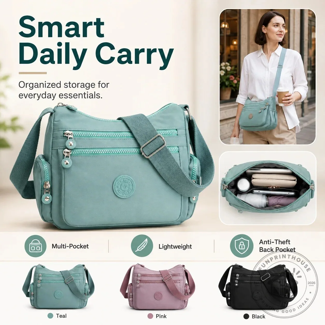 Multi-Pocket Nylon Crossbody Bag with Adjustable Strap and Zipper Closure 1 Multi-Pocket Nylon Crossbody Bag with Adjustable Strap and Zipper Closure