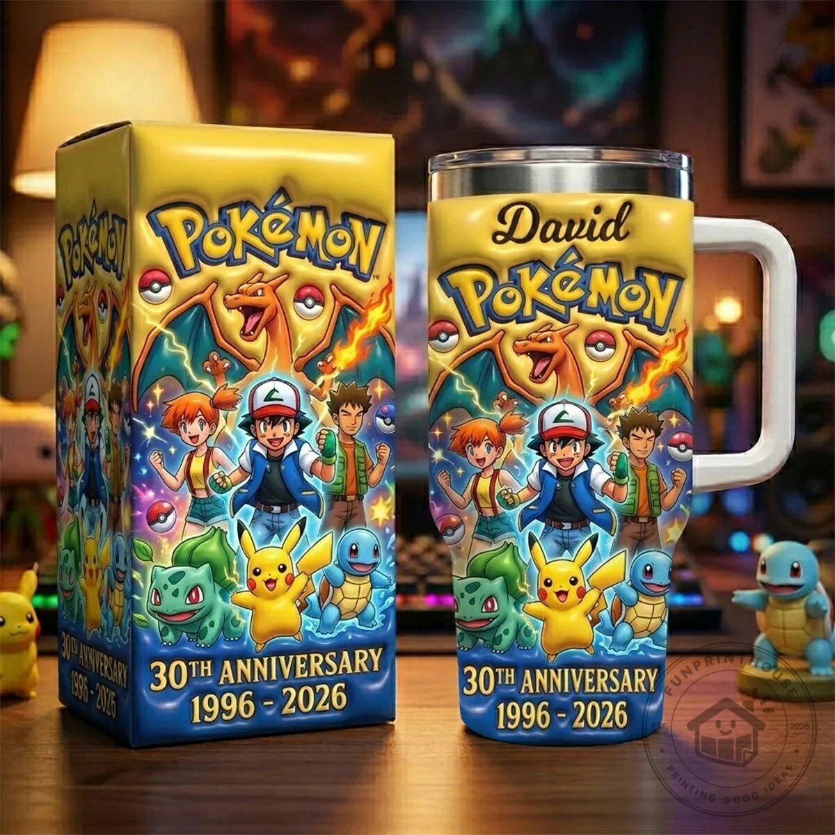 Pokemon 30th Anniversary Ash Misty Brock Pikachu Charmander Squirtle Bulbasaur Tumbler