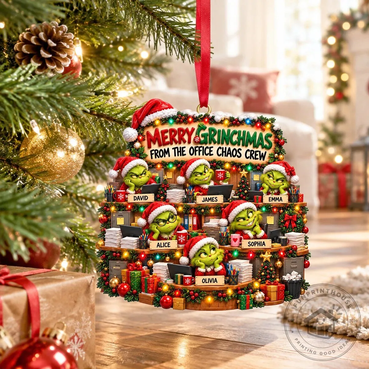 Merry Grinchmas From The Office Chaos Crew Personalized Christmas Ornament