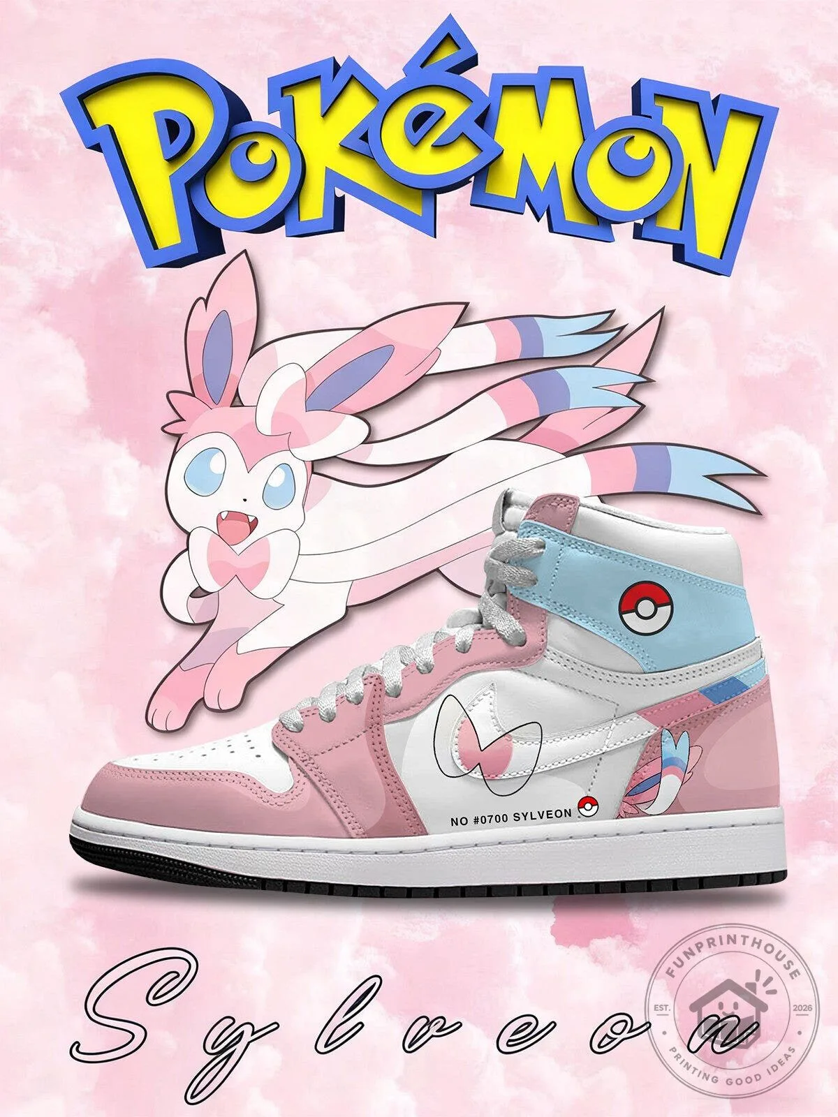 Sylveon Pokemon Pink and Blue High-Top Sneakers for Women and Girls