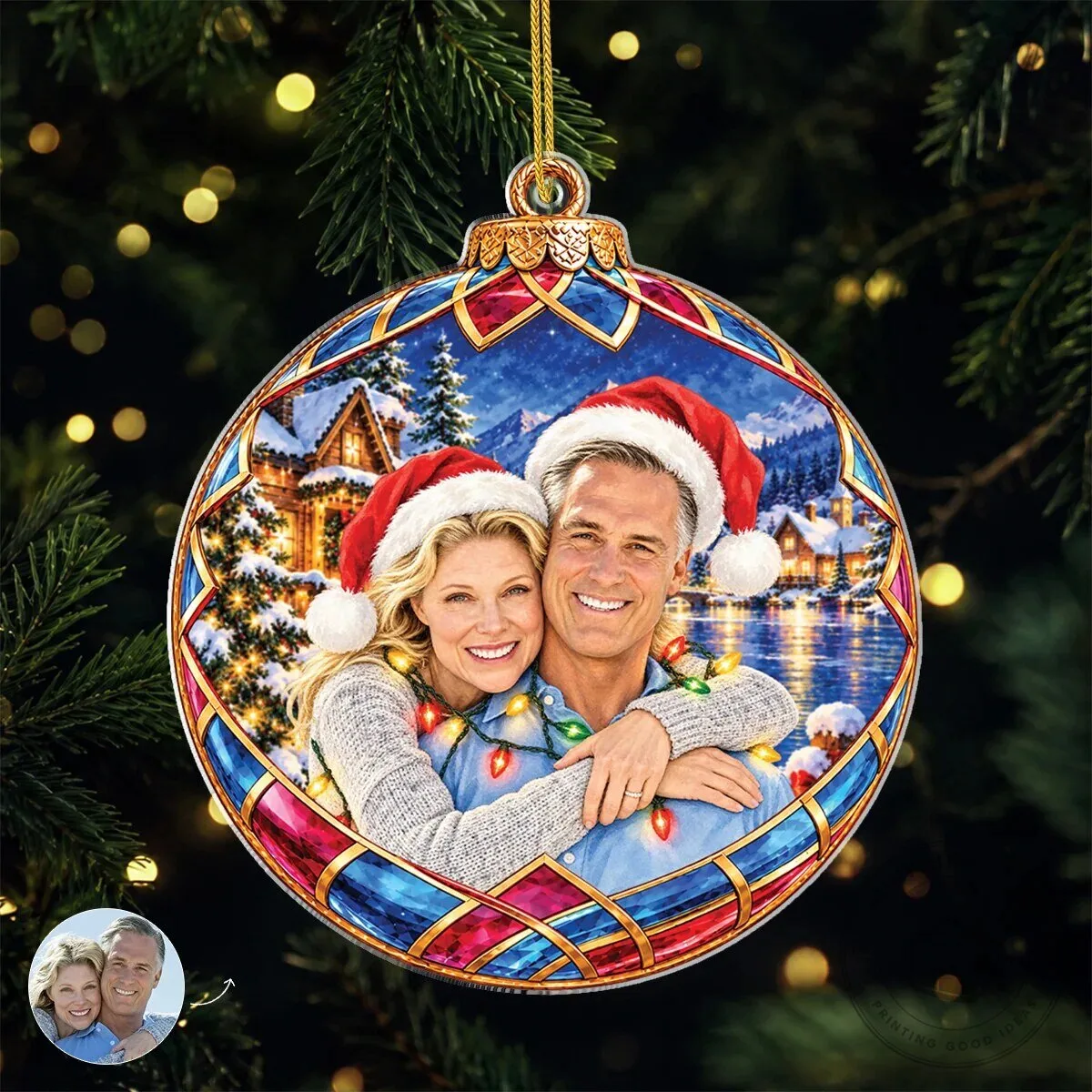 Personalized Couple Photo Christmas Ornament - Custom Stained Glass Style Holiday Decor