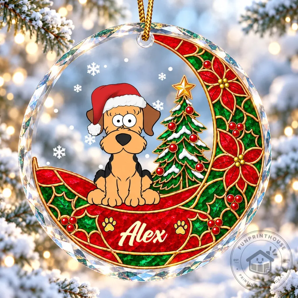 Personalized Christmas Puppy Dog Stained Glass Style Holiday Ornament Personalized Christmas Puppy Dog Stained Glass Style Holiday Ornament