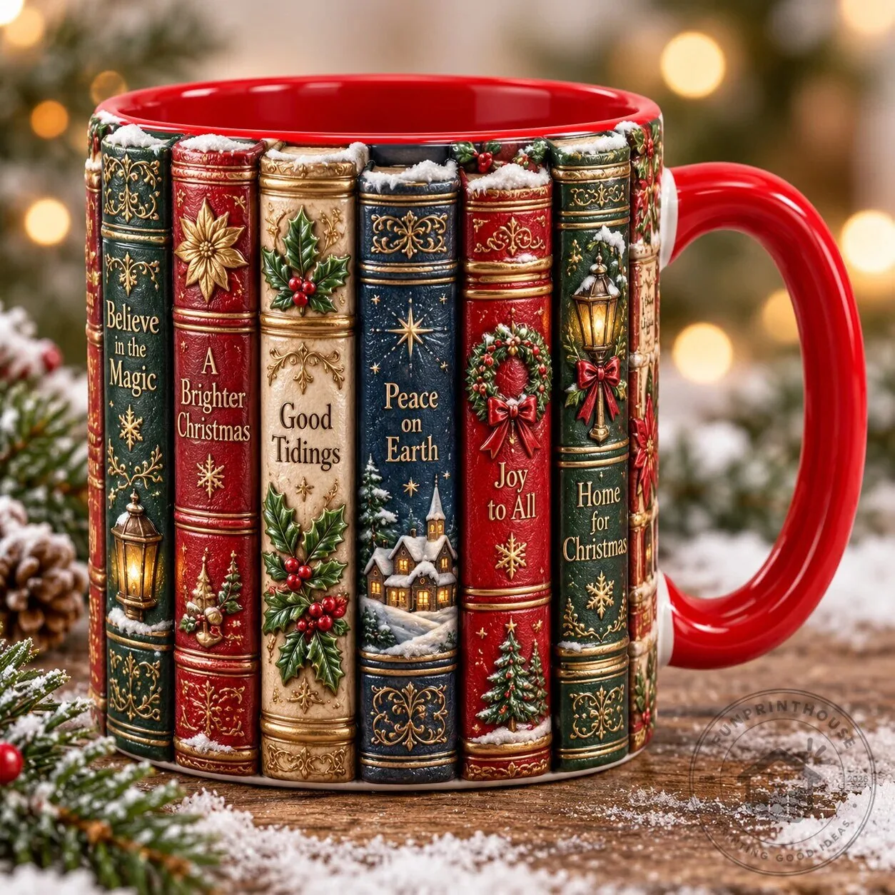 Christmas Storybook Holiday Mug with Festive Book Spine Design