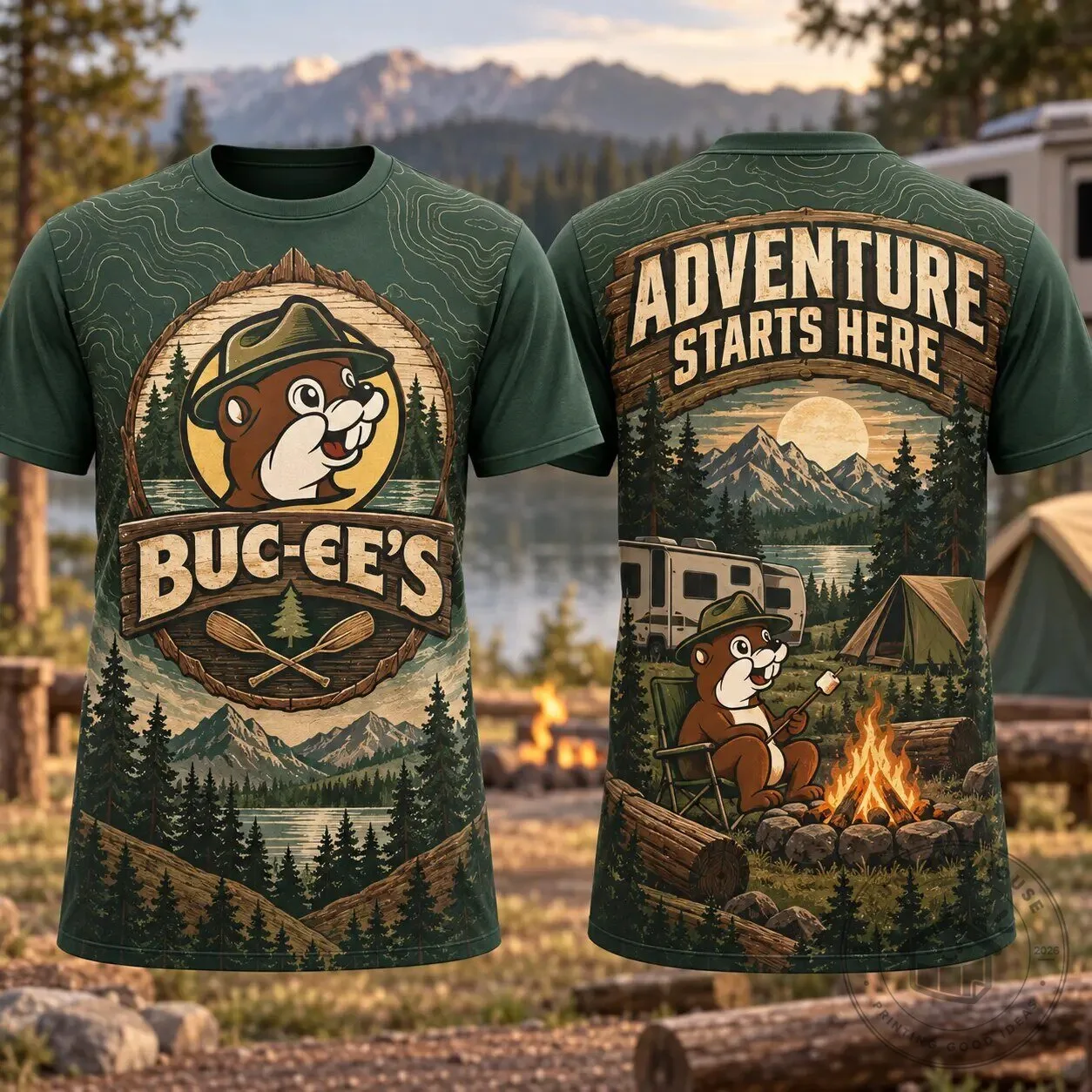 Buc-ee's Camping Adventure Green Forest Mountain Landscape T-Shirt