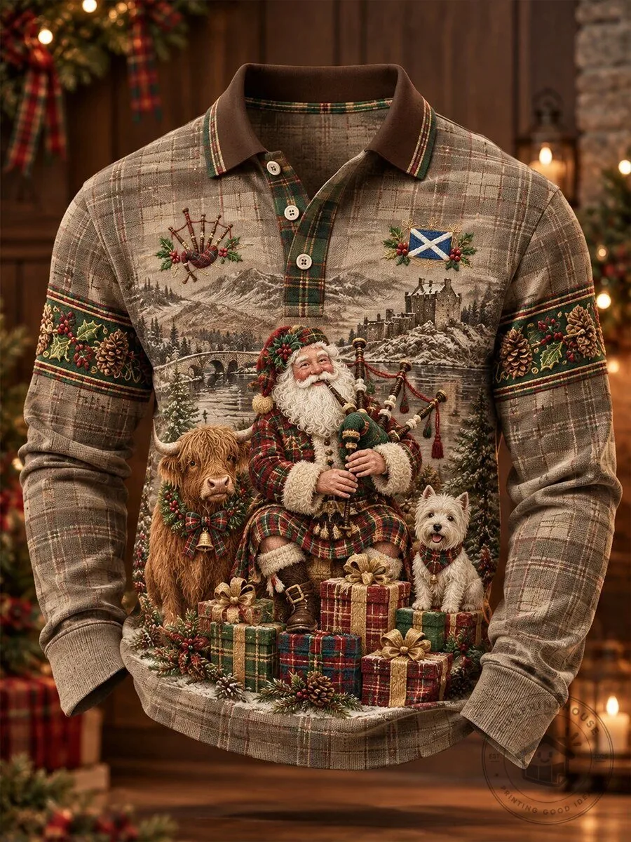 Scotland Christmas Santa Claus Bagpipes Highland Cow Westie Plaid Polo Shirt