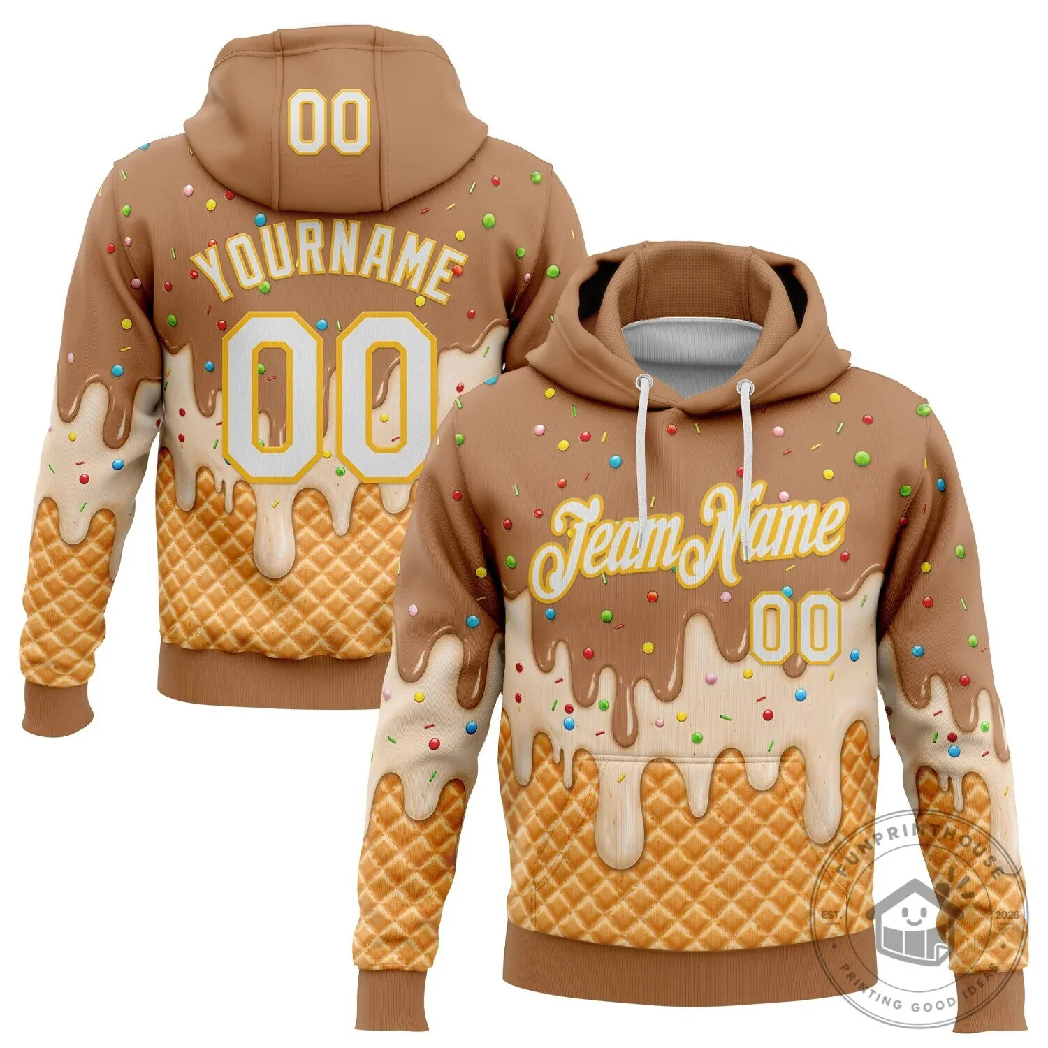 Custom Name and Number Pullover Hoodie with Ice Cream Waffle Cone Drip Sprinkles Design