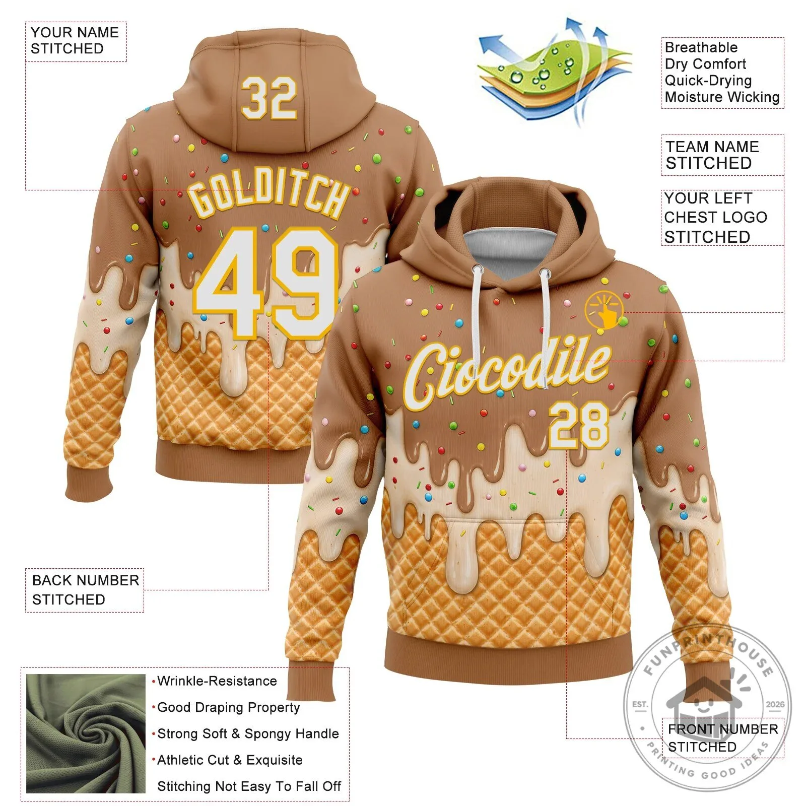 Custom Name and Number Pullover Hoodie with Ice Cream Waffle Cone Drip Sprinkles Design 13 Custom Name and Number Pullover Hoodie with Ice Cream Waffle Cone Drip Sprinkles Design