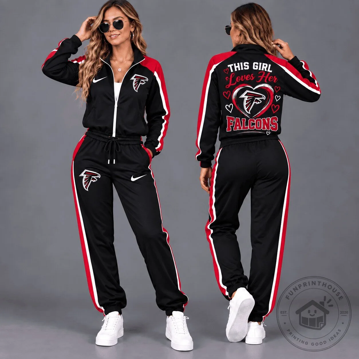 Atlanta Falcons This Girl Loves Her Falcons Black and Red Tracksuit Hoodie