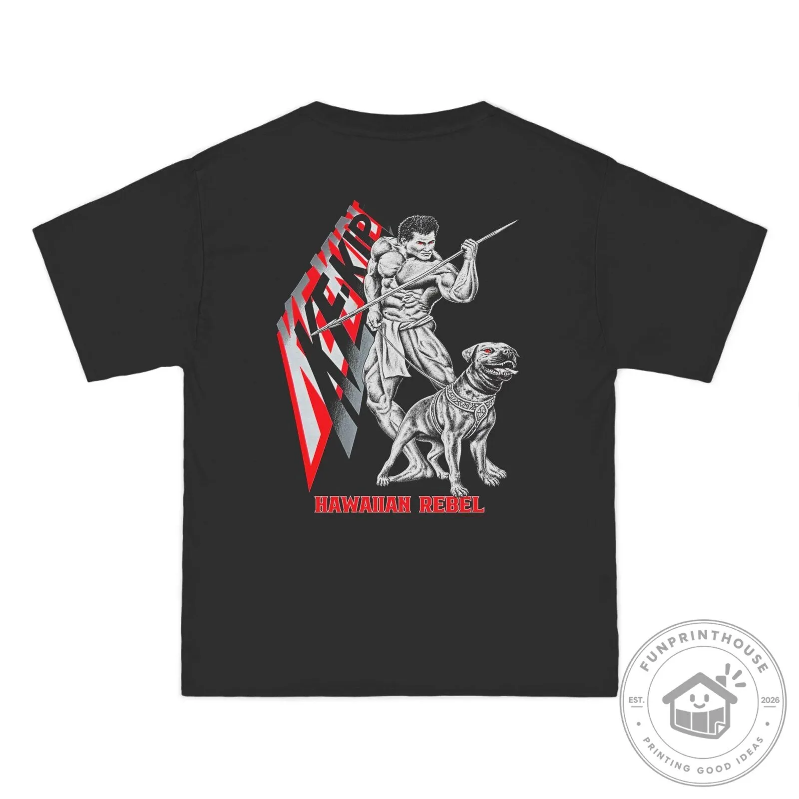 Hawaiian Rebel Warrior and Dog Graphic Black T-Shirt