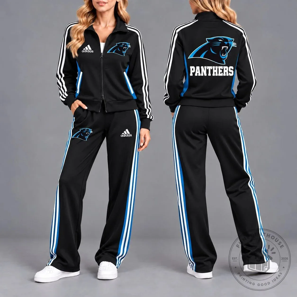 Carolina Panthers NFL Team Logo Black Full Zip Track Jacket and Pants Set