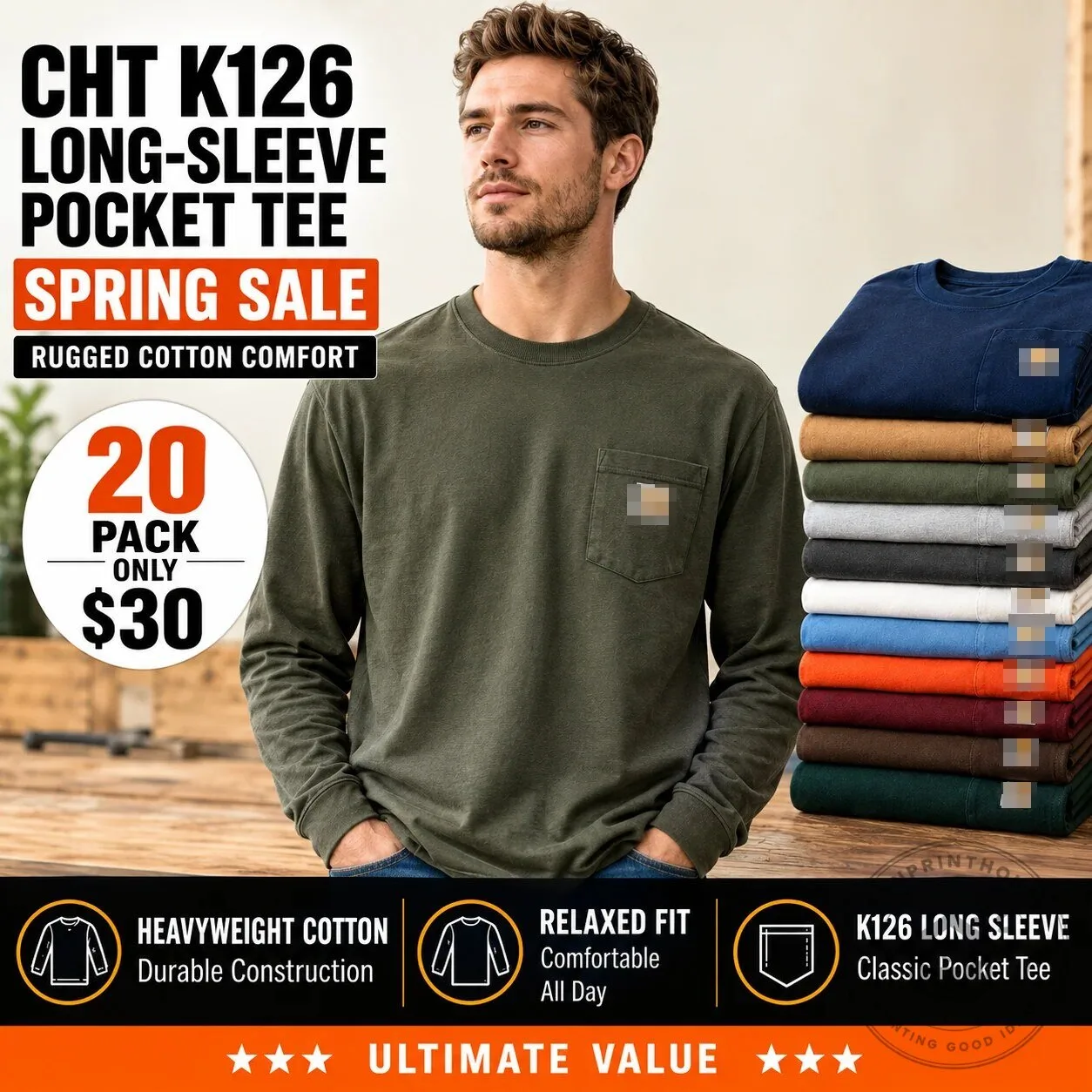 Heavyweight Cotton Relaxed Fit Long-Sleeve Pocket T-Shirt for Men